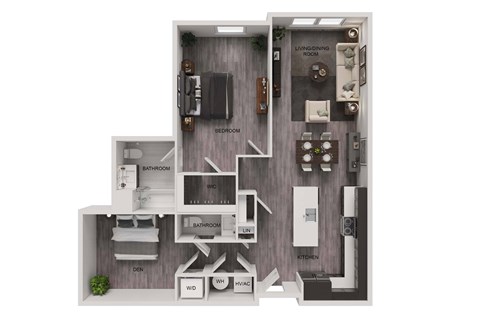 Floor plan for 1 bed, 1.5 baths, 1011 sqft